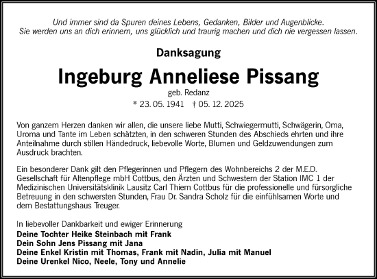 Traueranzeige von Ingeburg Anneliese Pissang von Lausitzer Rundschau