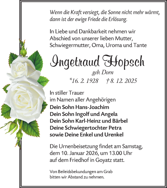 Traueranzeige von Ingetraud Hopsch von Lausitzer Rundschau