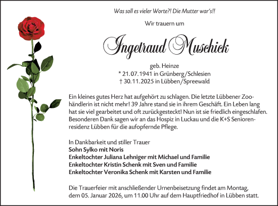 Traueranzeige von Ingetraud Muschick von Lausitzer Rundschau