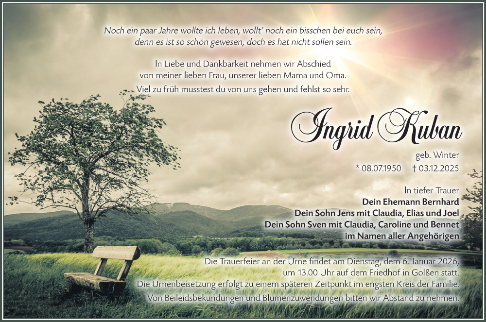  Traueranzeige für Ingrid Kuban vom 13.12.2025 aus Lausitzer Rundschau