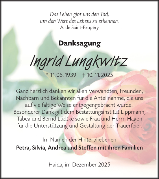 Traueranzeige von Ingrid Lungkwitz von Lausitzer Rundschau