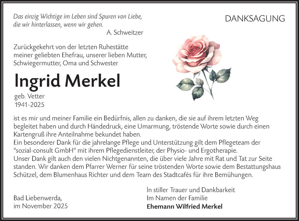  Traueranzeige für Ingrid Merkel vom 13.12.2025 aus Lausitzer Rundschau