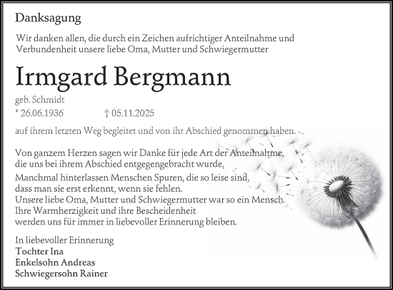 Traueranzeige von Irmgard Bergmann von Lausitzer Rundschau