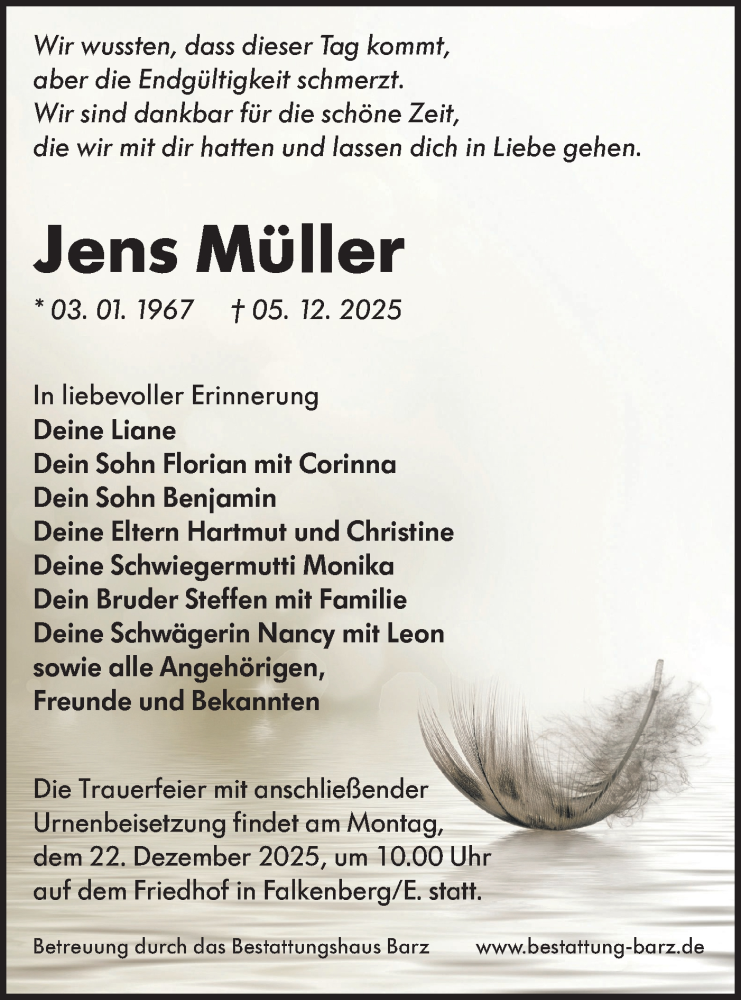  Traueranzeige für Jens Müller vom 13.12.2025 aus Lausitzer Rundschau