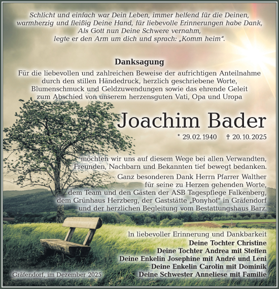 Traueranzeige von Joachim Bader von Lausitzer Rundschau