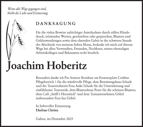 Traueranzeige von Joachim Hoberitz von Lausitzer Rundschau