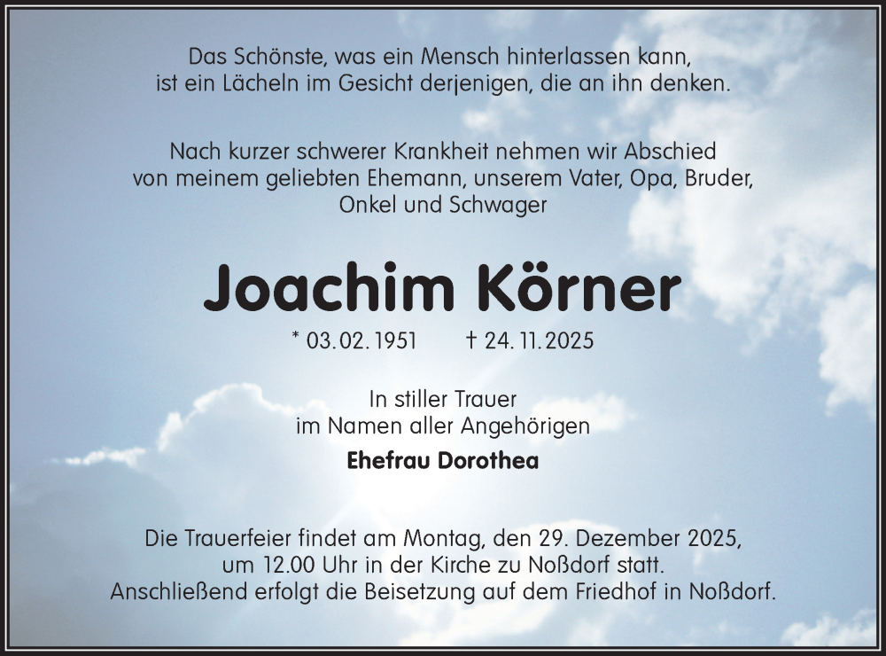  Traueranzeige für Joachim Körner vom 13.12.2025 aus Lausitzer Rundschau