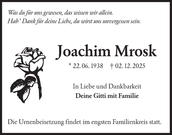 Traueranzeige von Joachim Mrosk von Lausitzer Rundschau