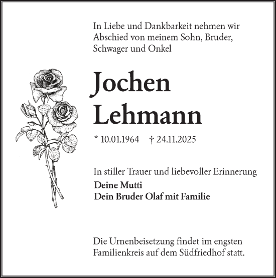 Traueranzeige von Jochen Lehmann von Lausitzer Rundschau