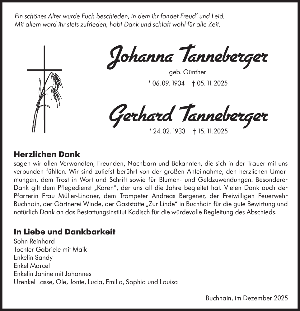  Traueranzeige für Johanna und Gerhard Tanneberger vom 20.12.2025 aus Lausitzer Rundschau