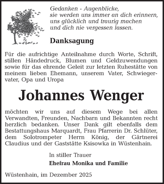 Traueranzeige von Johannes Wenger von Lausitzer Rundschau