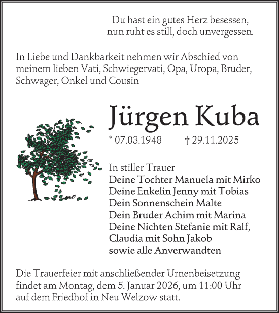 Traueranzeige von Jürgen Kuba von Lausitzer Rundschau