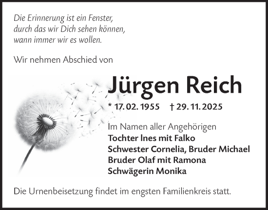 Traueranzeige von Jürgen Reich von Lausitzer Rundschau