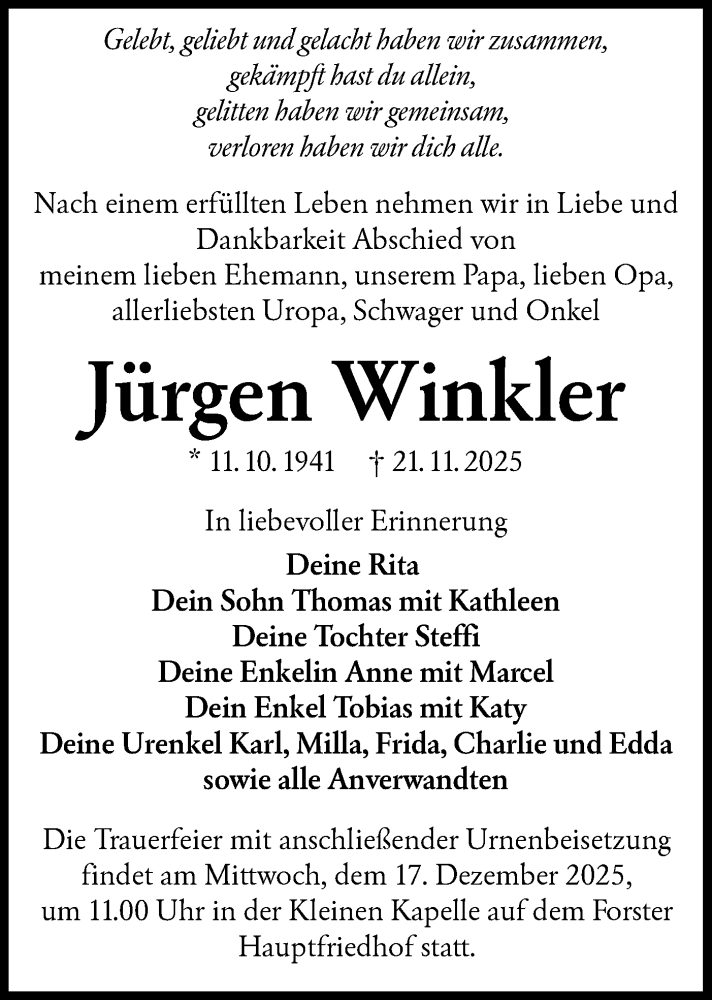  Traueranzeige für Jürgen Winkler vom 06.12.2025 aus Lausitzer Rundschau