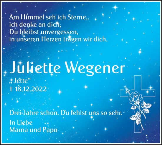 Traueranzeige von Juliette Wegener von Ausg. LR Spreewald RS