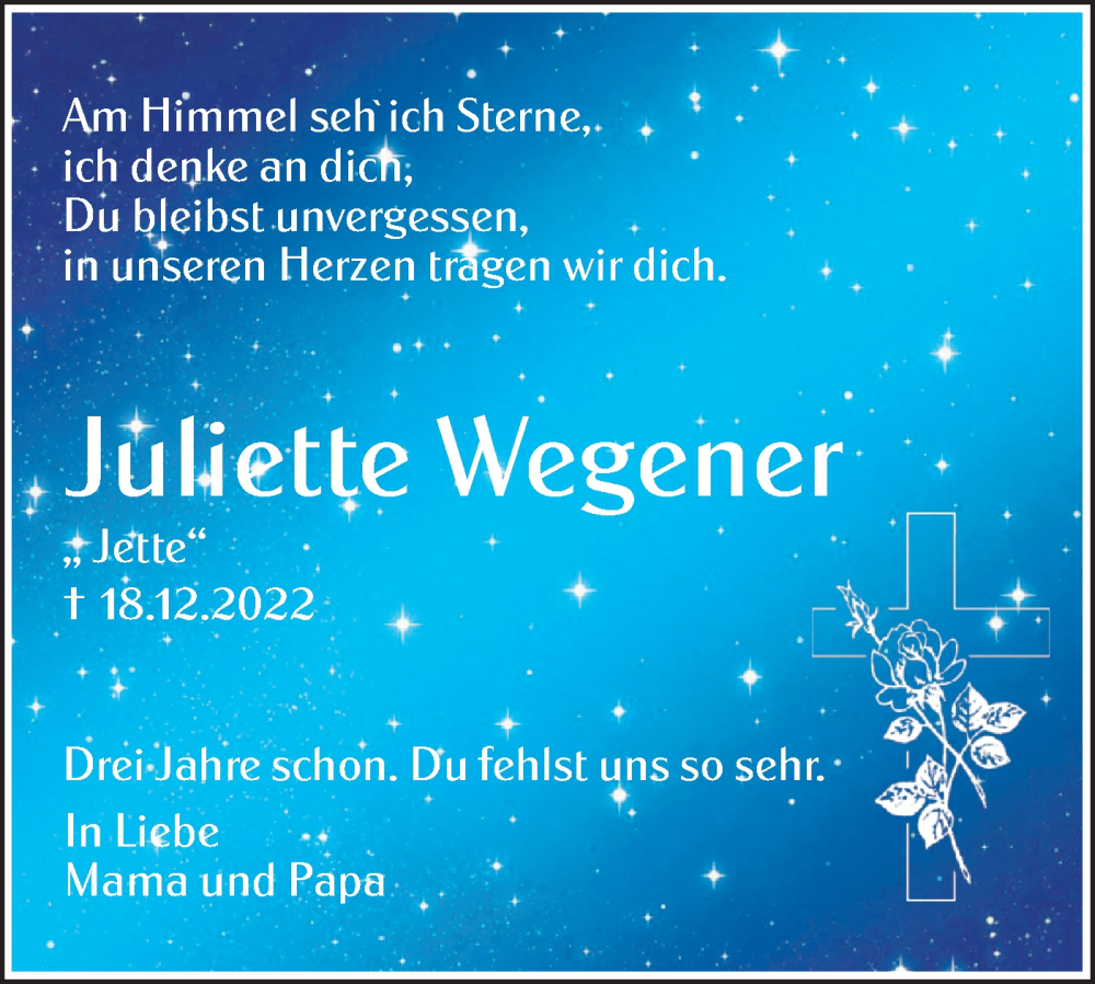 Traueranzeige für Juliette Wegener vom 18.12.2025 aus Ausg. LR Spreewald RS