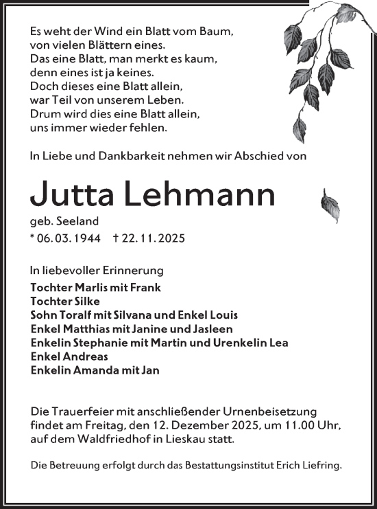 Traueranzeige von Jutta Lehmann von Lausitzer Rundschau