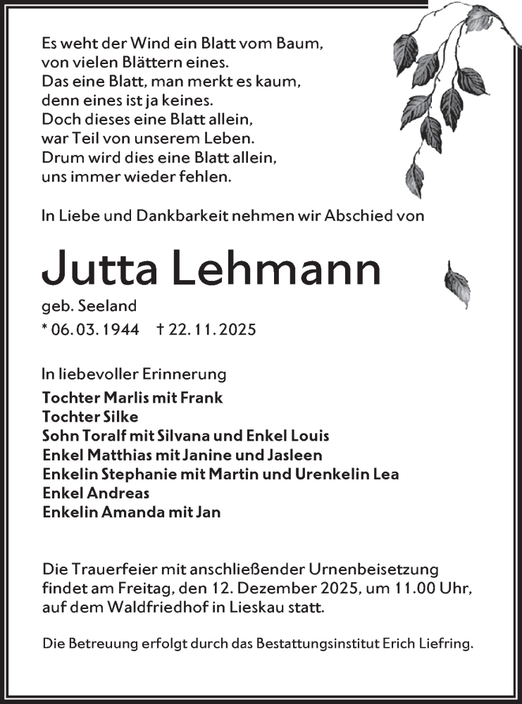  Traueranzeige für Jutta Lehmann vom 06.12.2025 aus Lausitzer Rundschau