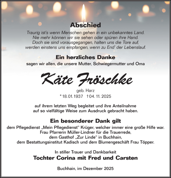 Traueranzeige von Käte Fröschke von Lausitzer Rundschau