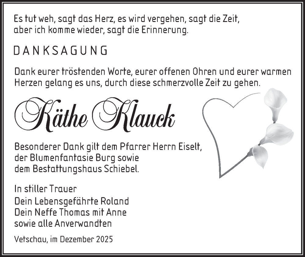  Traueranzeige für Käthe Klauck vom 13.12.2025 aus Lausitzer Rundschau