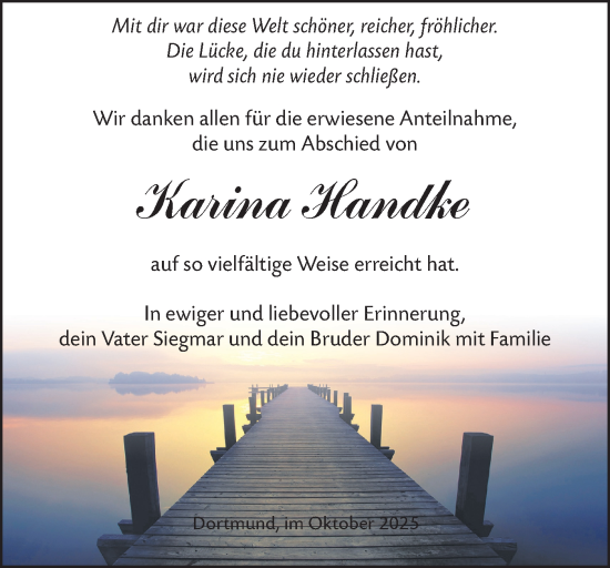 Traueranzeige von Karina Handke von Ausg. LR Spreewald RS
