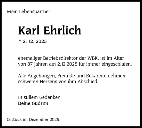Traueranzeige von Karl Ehrlich von Ausg. LR Spreewald RS