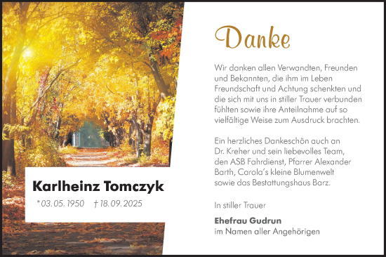 Traueranzeige von Karlheinz Tomczyk von Lausitzer Rundschau