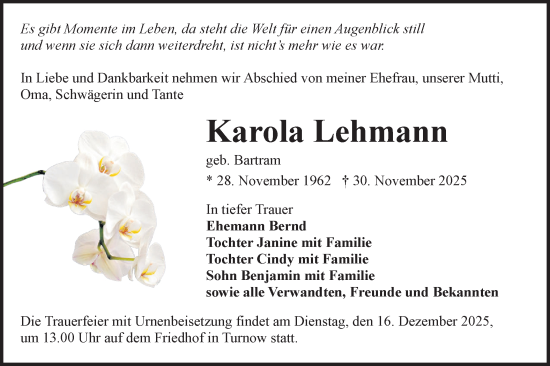 Traueranzeige von Karola Lehmann von Lausitzer Rundschau