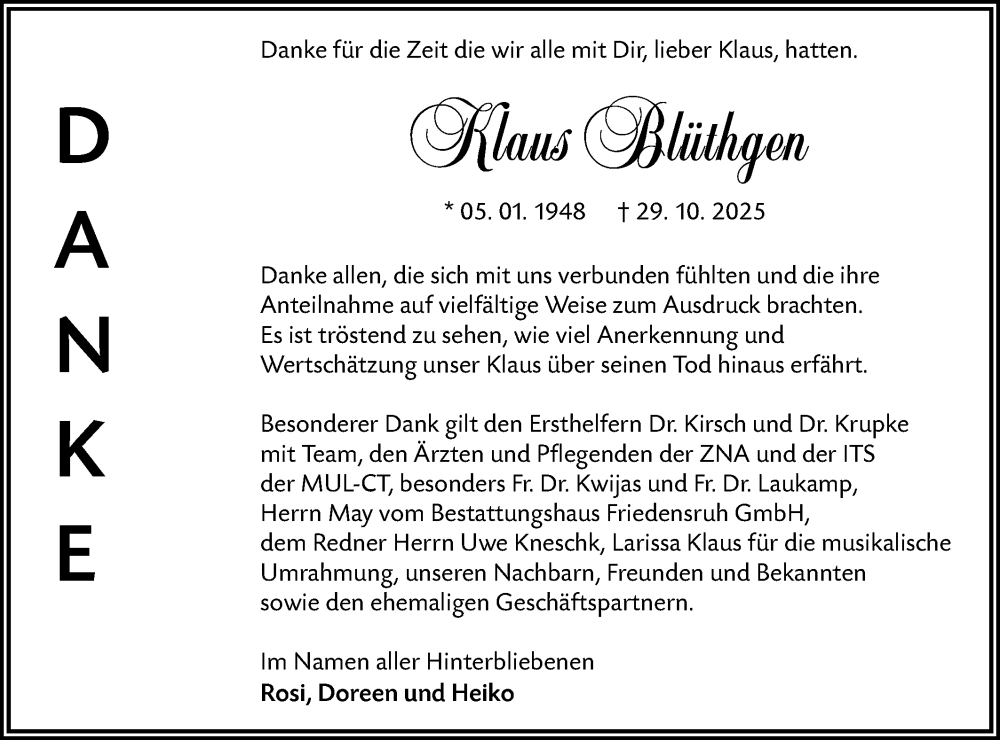  Traueranzeige für Klaus Blüthgen vom 27.12.2025 aus Lausitzer Rundschau