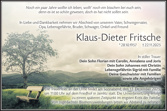 Traueranzeige von Klaus-Dieter Fritsche von Lausitzer Rundschau