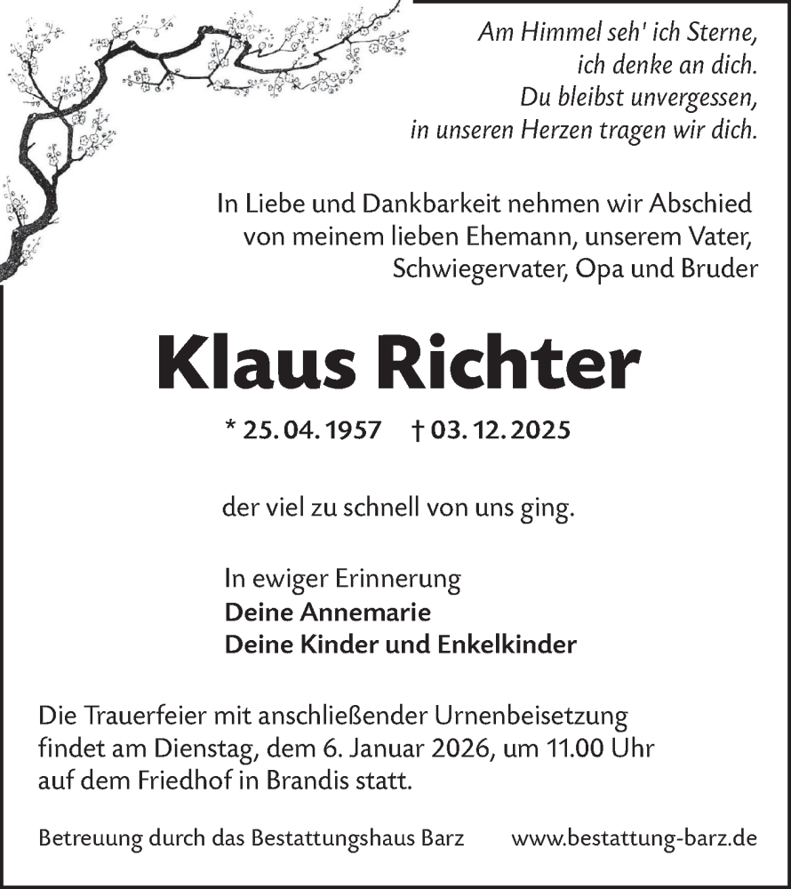  Traueranzeige für Klaus Richter vom 20.12.2025 aus Lausitzer Rundschau