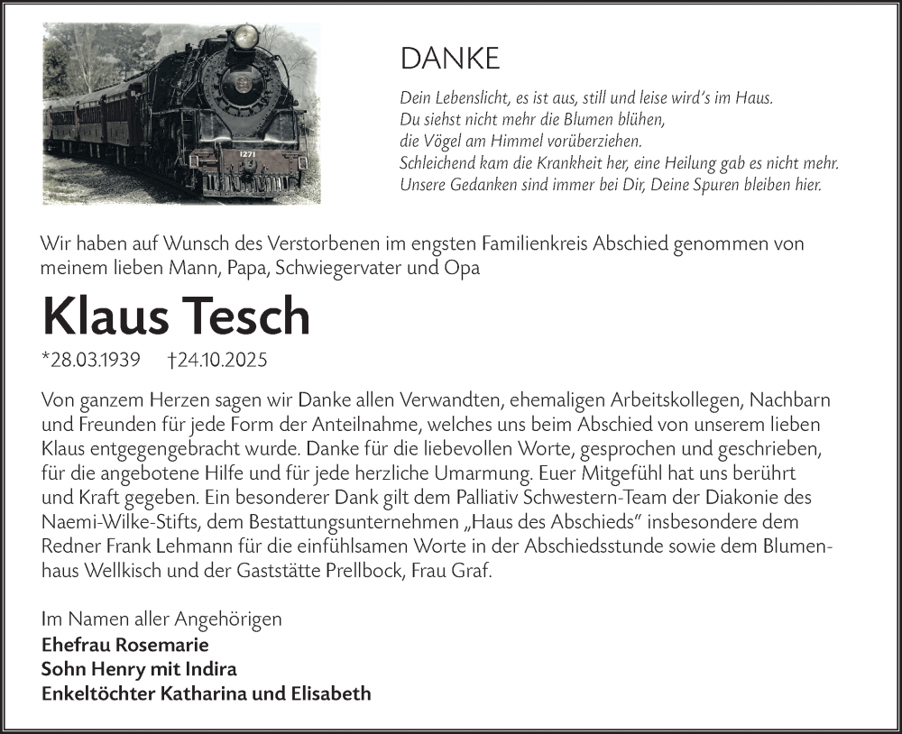  Traueranzeige für Klaus Tesch vom 13.12.2025 aus Lausitzer Rundschau