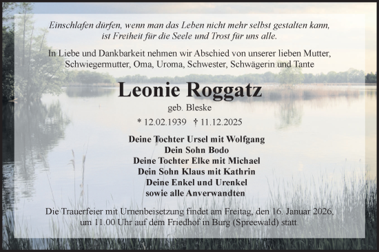 Traueranzeige von Leonie Roggatz von Lausitzer Rundschau