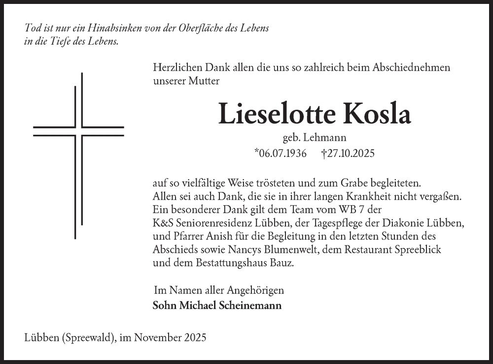  Traueranzeige für Lieselotte Kosla vom 06.12.2025 aus Lausitzer Rundschau