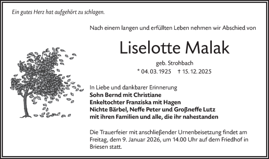 Traueranzeige von Liselotte Malak von Lausitzer Rundschau