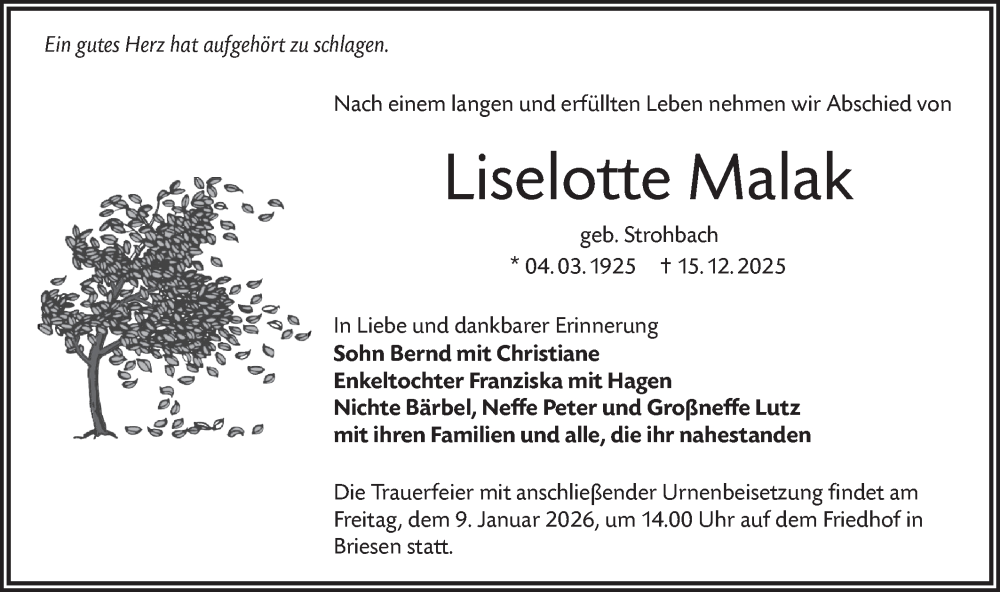  Traueranzeige für Liselotte Malak vom 20.12.2025 aus Lausitzer Rundschau