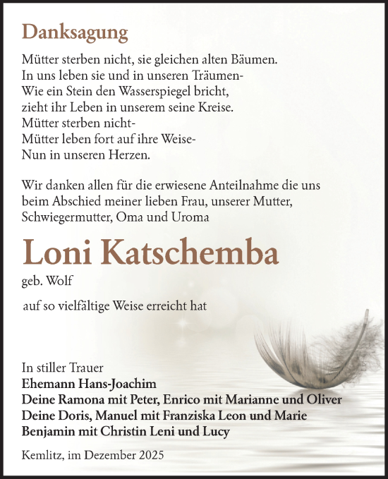 Traueranzeige von Loni Katschemba von Lausitzer Rundschau