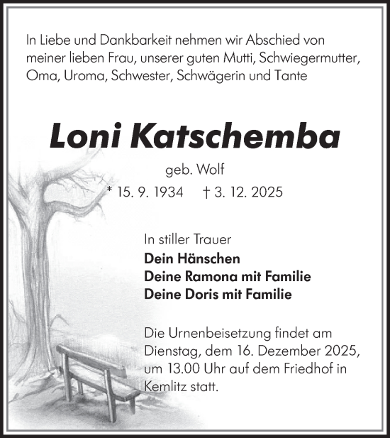 Traueranzeige von Loni Katschemba von Lausitzer Rundschau