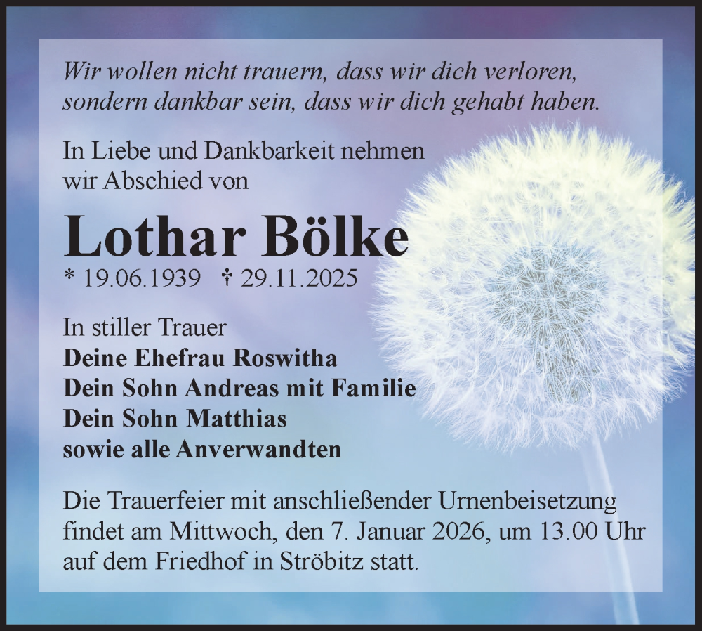  Traueranzeige für Lothar Bölke vom 20.12.2025 aus Lausitzer Rundschau