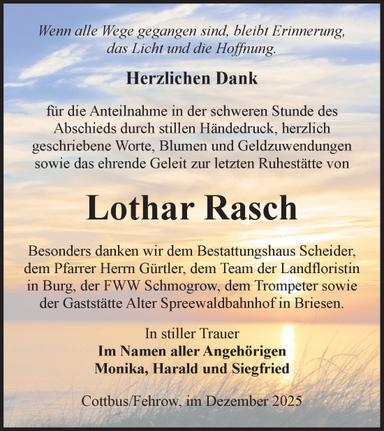 Traueranzeige von Lothar Rasch von Lausitzer Rundschau