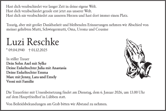 Traueranzeige von Luzi Reschke von Lausitzer Rundschau