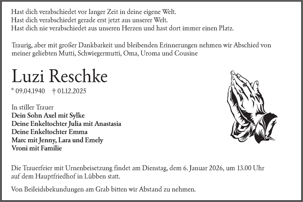  Traueranzeige für Luzi Reschke vom 20.12.2025 aus Lausitzer Rundschau