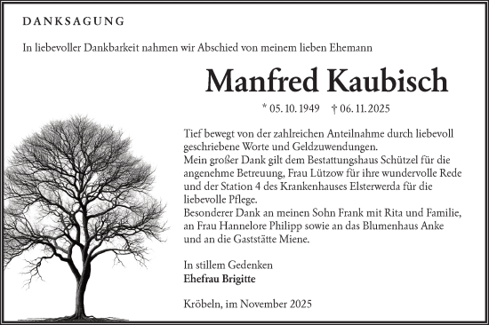 Traueranzeige von Manfred Kaubisch von Lausitzer Rundschau
