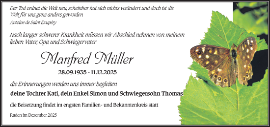 Traueranzeige von Manfred Müller von Lausitzer Rundschau