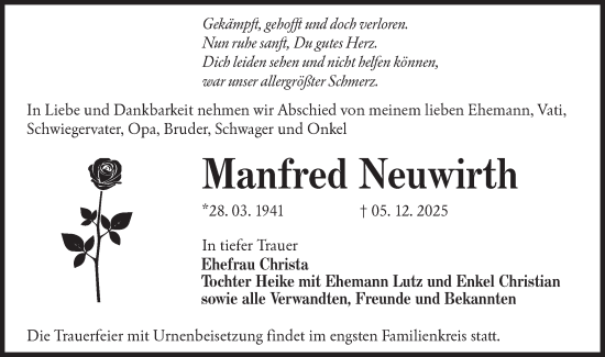 Traueranzeige von Manfred Neuwirth von Lausitzer Rundschau