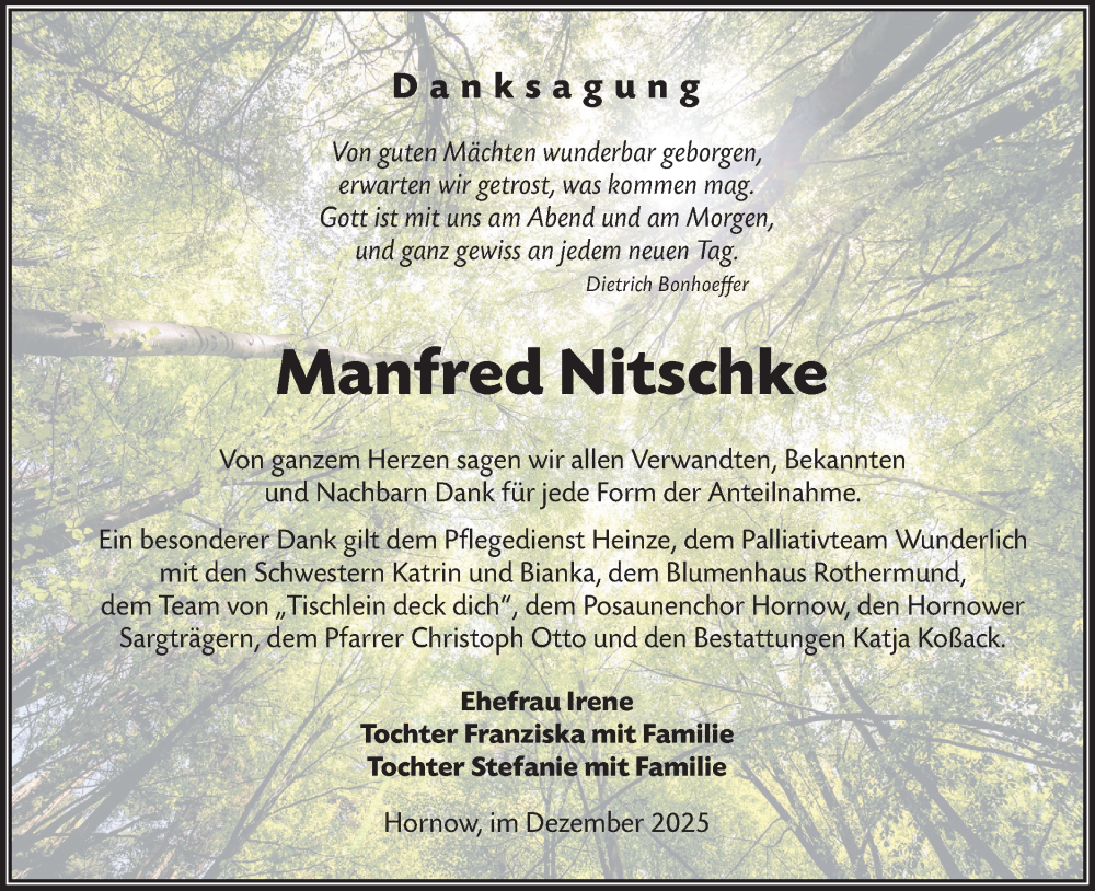  Traueranzeige für Manfred Nitschke vom 20.12.2025 aus Lausitzer Rundschau