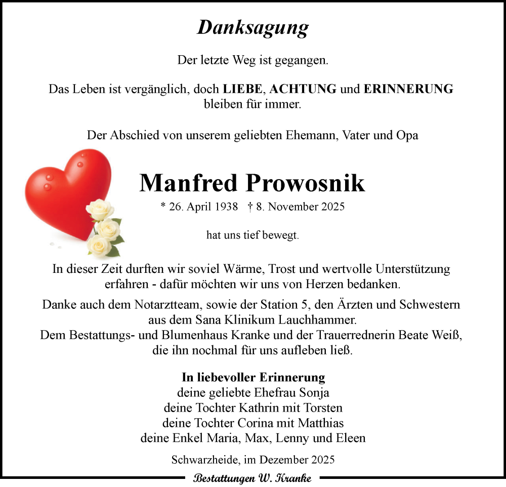  Traueranzeige für Manfred Prowosnik vom 20.12.2025 aus Lausitzer Rundschau