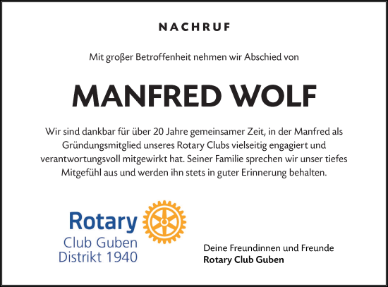 Traueranzeige von Manfred Wolf von Lausitzer Rundschau