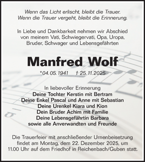 Traueranzeige von Manfred Wolf von Lausitzer Rundschau