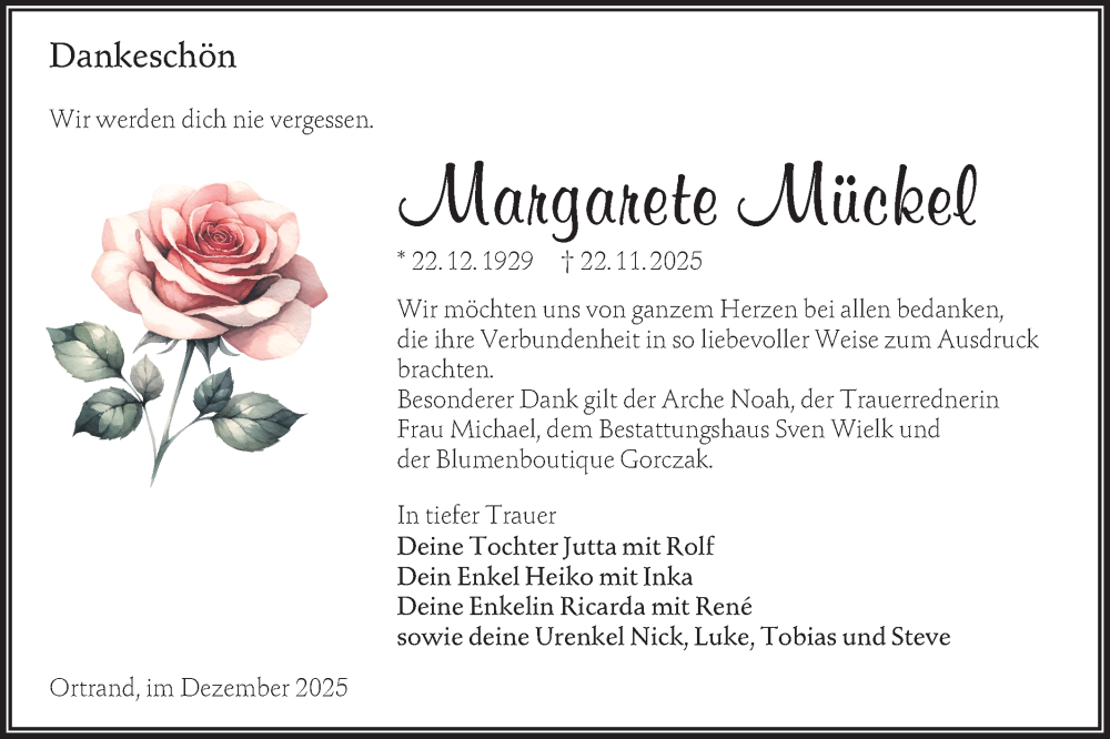  Traueranzeige für Margarete Mückel vom 20.12.2025 aus Lausitzer Rundschau